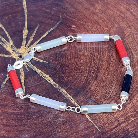 Sterling Silver 925 Semiprecious Stones Link Bracelet Jade, Onyx, Red Jasper - Picture 5 of 9
